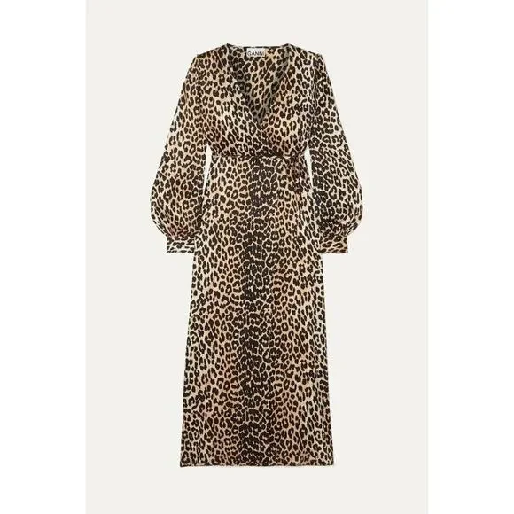 knee length dresses for ladies GANNI leopard print long dress with signature ruffled collar – BOREAL REBORN main image 1